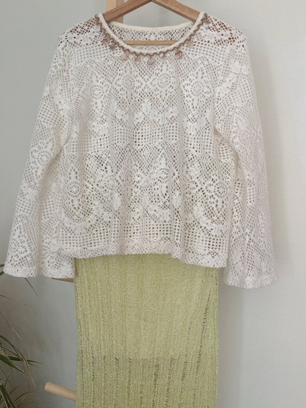 White Crochet Top & Lime Floor-Length Skirt Set – Size Small